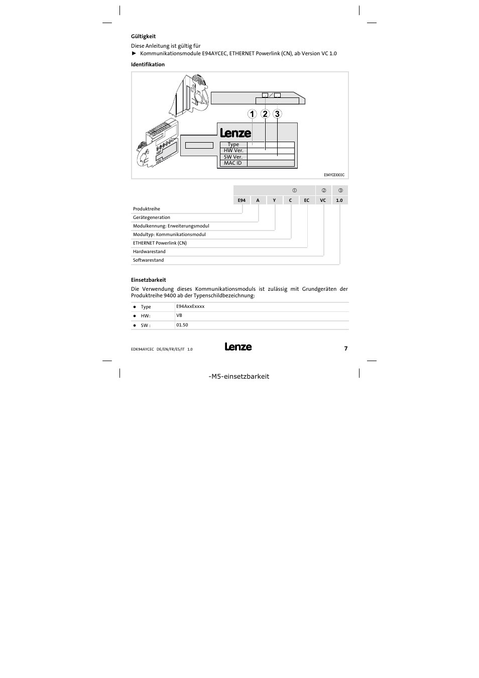 Gültigkeit | Lenze E94AYCEC User Manual | Page 7 / 46