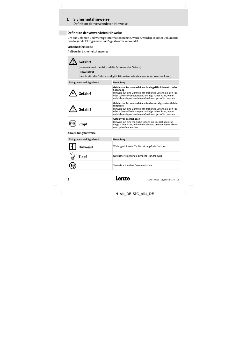 1 sicherheitshinweise, Definition der verwendeten hinweise | Lenze E94AYCEC User Manual | Page 8 / 46