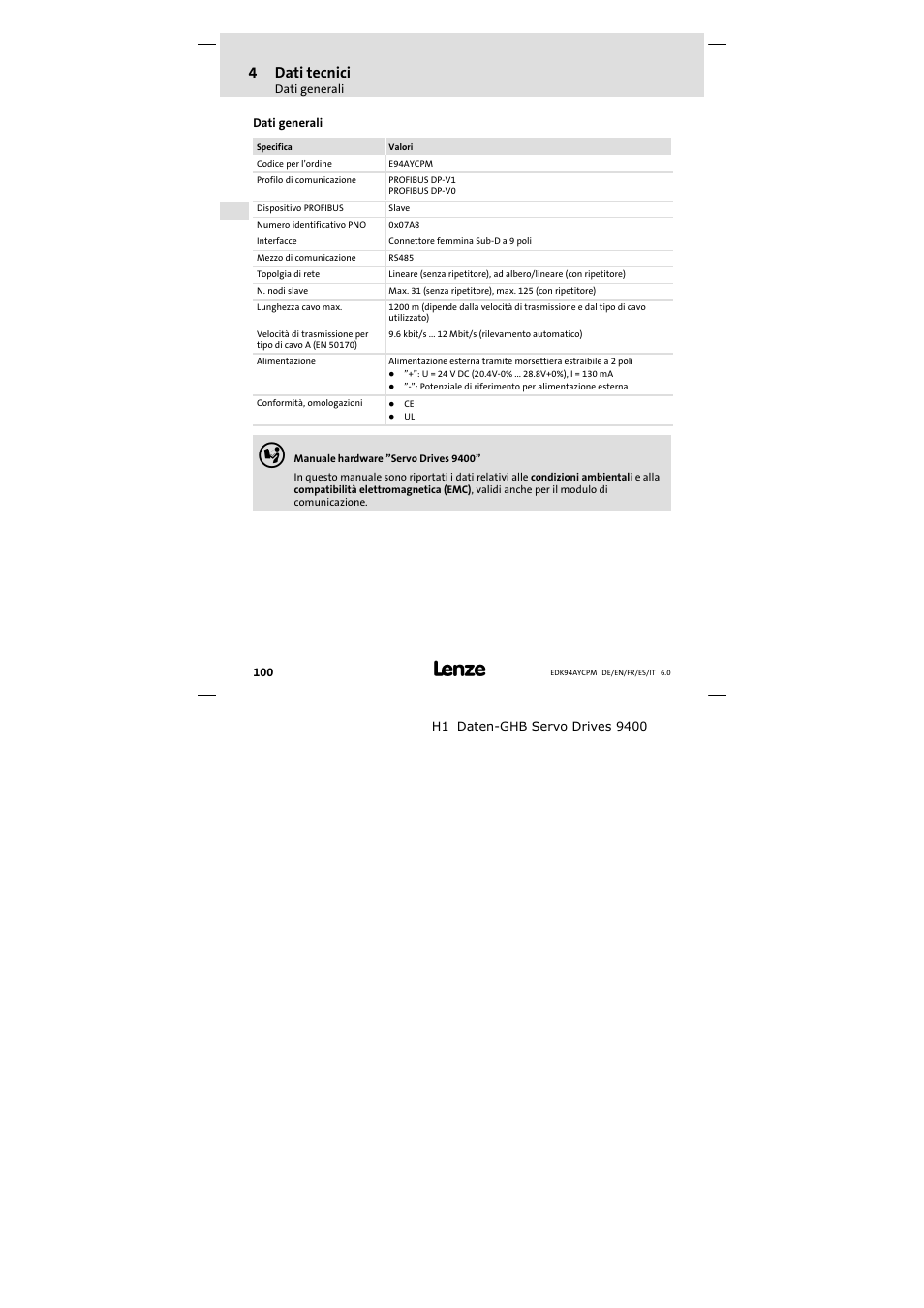 4 dati tecnici, Dati generali, Dati tecnici | 4dati tecnici | Lenze E94AYCPM User Manual | Page 100 / 114