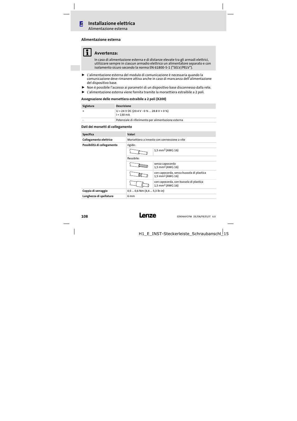 Alimentazione esterna, 6installazione elettrica, Avvertenza | Lenze E94AYCPM User Manual | Page 108 / 114