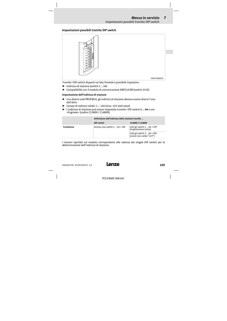 7 messa in servizio, Impostazioni possibili tramite dip switch, Messa in servizio | Lenze E94AYCPM User Manual | Page 109 / 114