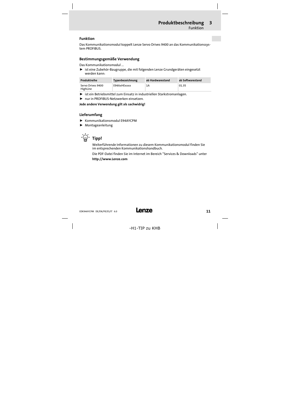 3 produktbeschreibung, Funktion, Bestimmungsgemäße verwendung | Lieferumfang, Produktbeschreibung 11, Produktbeschreibung | Lenze E94AYCPM User Manual | Page 11 / 114