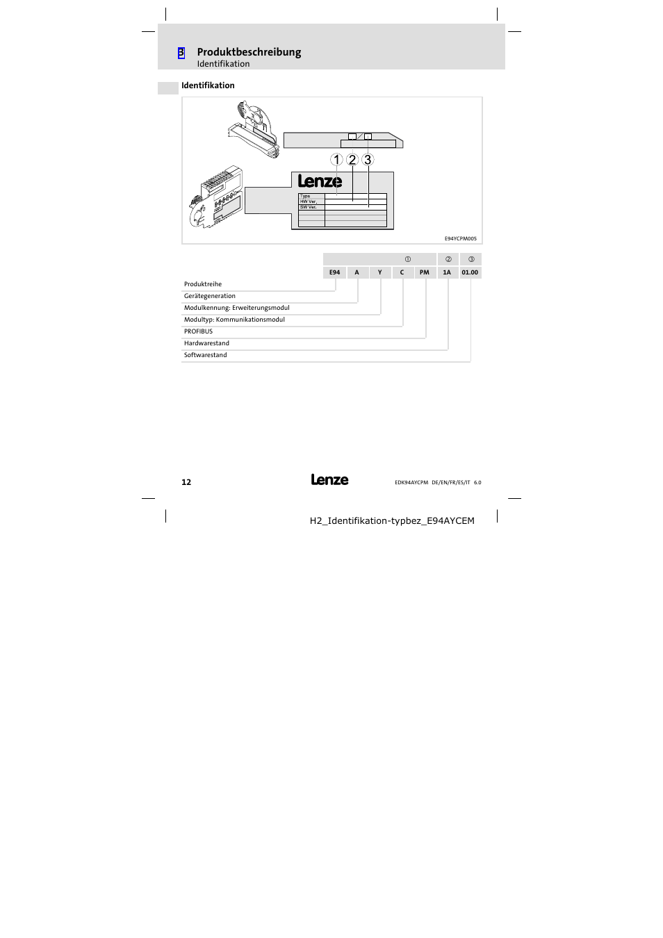 Identifikation, 3produktbeschreibung | Lenze E94AYCPM User Manual | Page 12 / 114