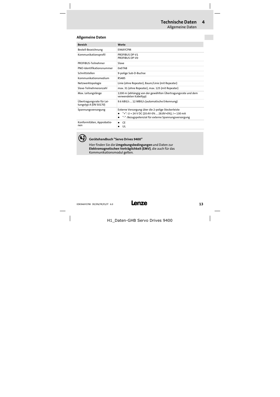 4 technische daten, Allgemeine daten, Technische daten | Lenze E94AYCPM User Manual | Page 13 / 114