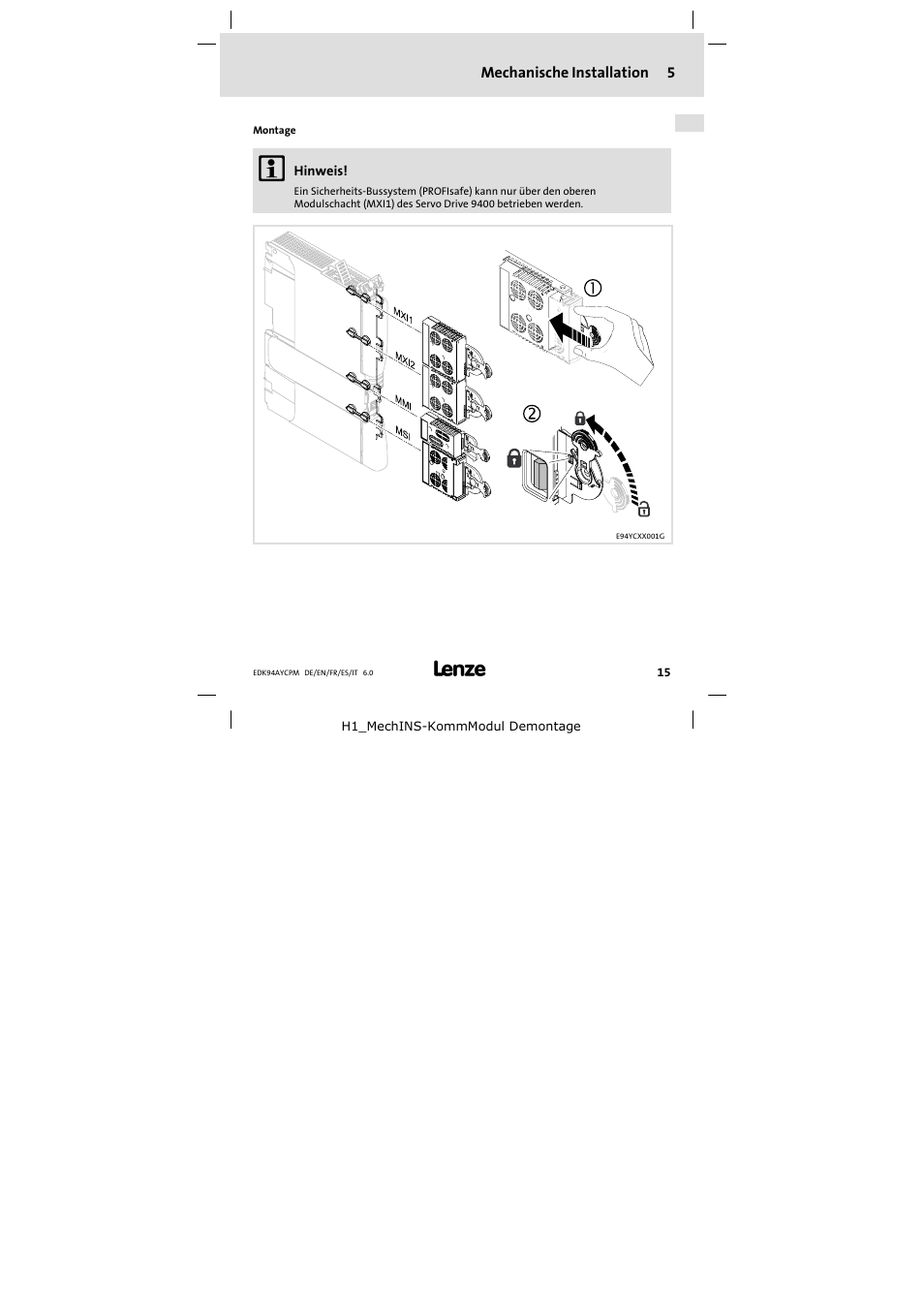 5 mechanische installation, Mechanische installation | Lenze E94AYCPM User Manual | Page 15 / 114