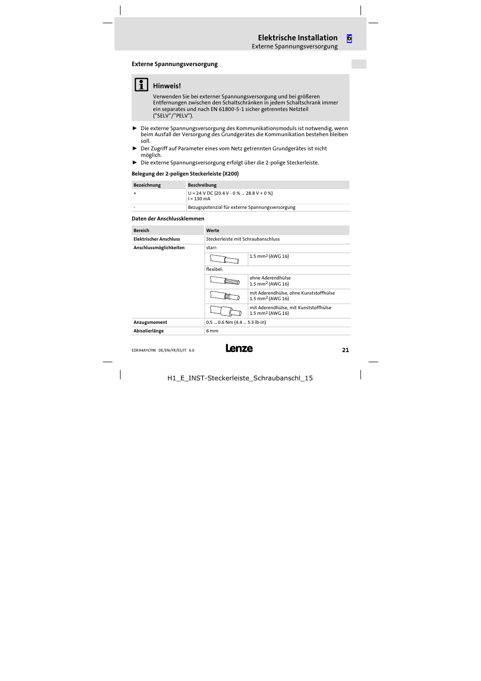 Externe spannungsversorgung, Elektrische installation, Hinweis | Lenze E94AYCPM User Manual | Page 21 / 114