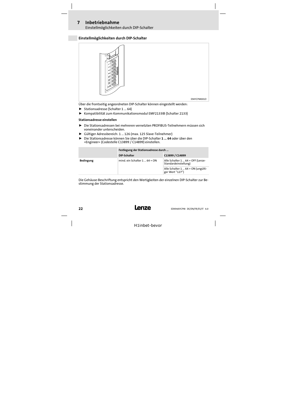 7 inbetriebnahme, Einstellmöglichkeiten durch dip-schalter, Inbetriebnahme | Einstellmöglichkeiten durch dip−schalter, 7inbetriebnahme | Lenze E94AYCPM User Manual | Page 22 / 114