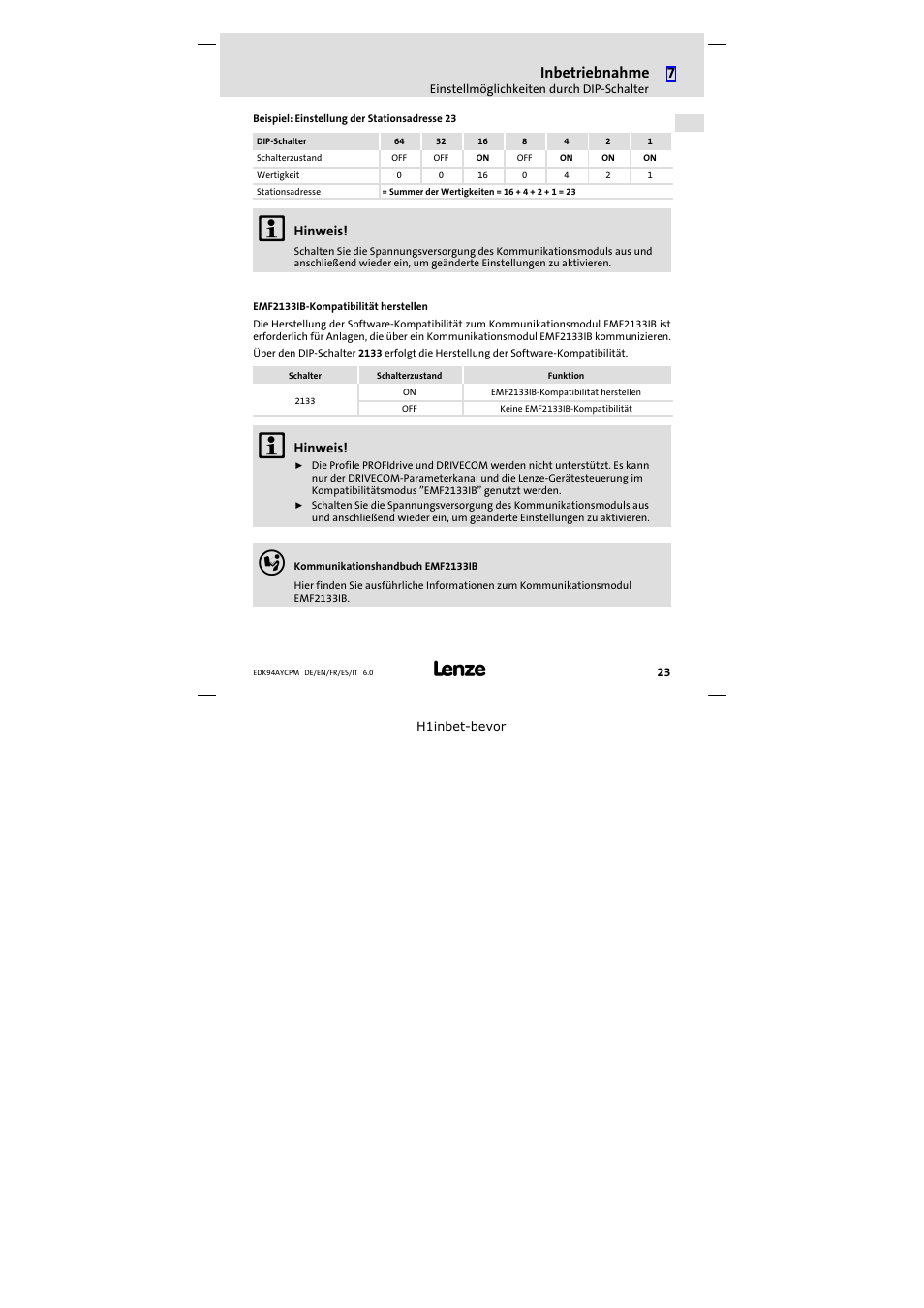 Inbetriebnahme | Lenze E94AYCPM User Manual | Page 23 / 114