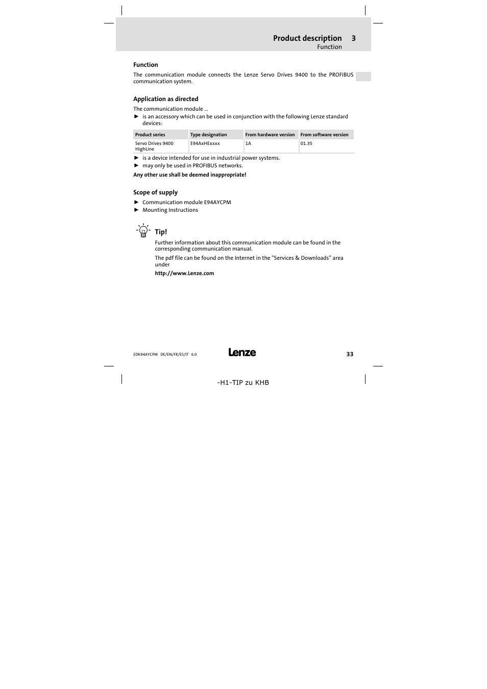3 product description, Function, Application as directed | Scope of supply, Product description, Function 33 | Lenze E94AYCPM User Manual | Page 33 / 114