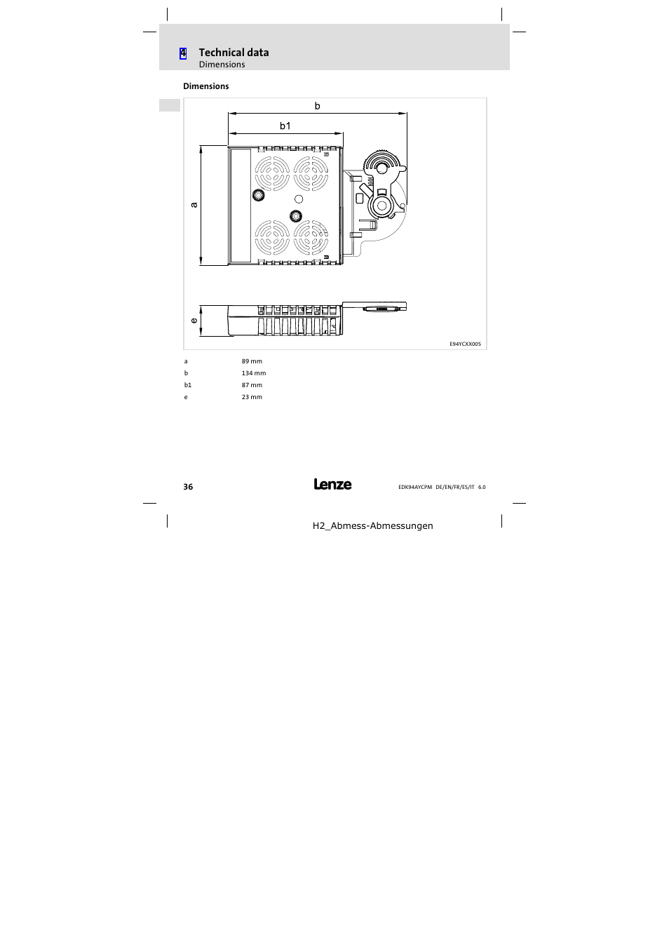 Dimensions, 4technical data | Lenze E94AYCPM User Manual | Page 36 / 114