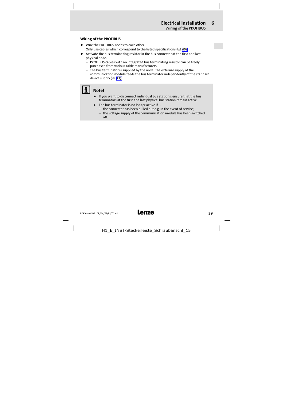 6 electrical installation, Wiring of the profibus, Electrical installation | Lenze E94AYCPM User Manual | Page 39 / 114