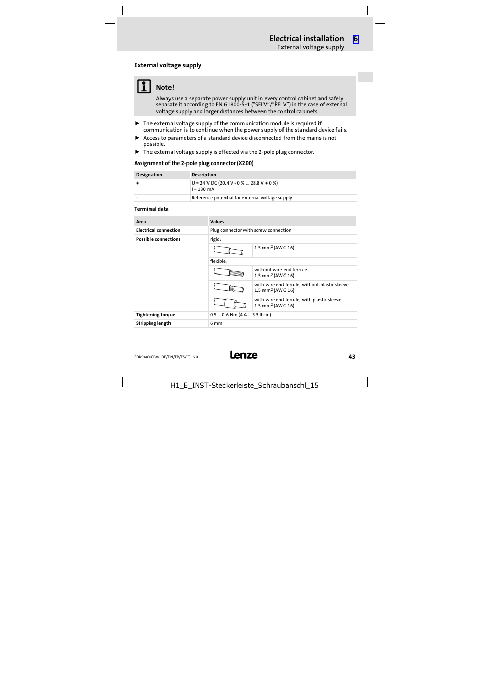 External voltage supply, Electrical installation | Lenze E94AYCPM User Manual | Page 43 / 114