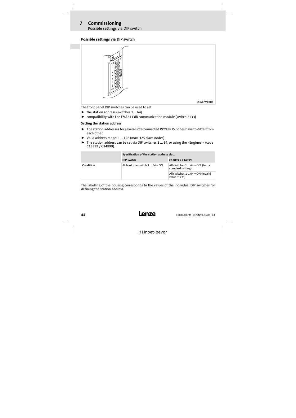 7 commissioning, Possible settings via dip switch, Commissioning 44 | 7commissioning | Lenze E94AYCPM User Manual | Page 44 / 114