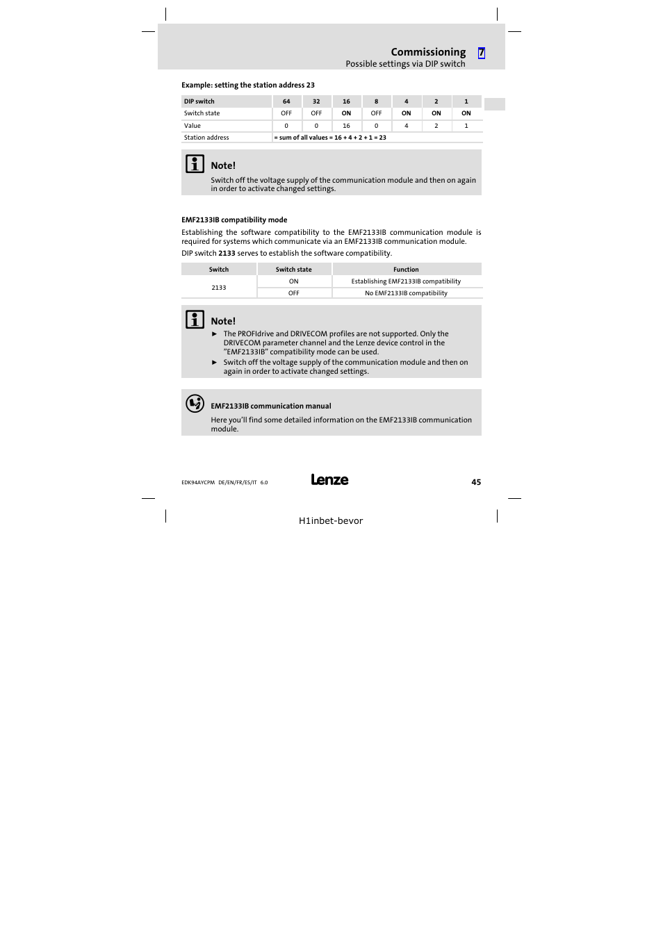 Commissioning | Lenze E94AYCPM User Manual | Page 45 / 114