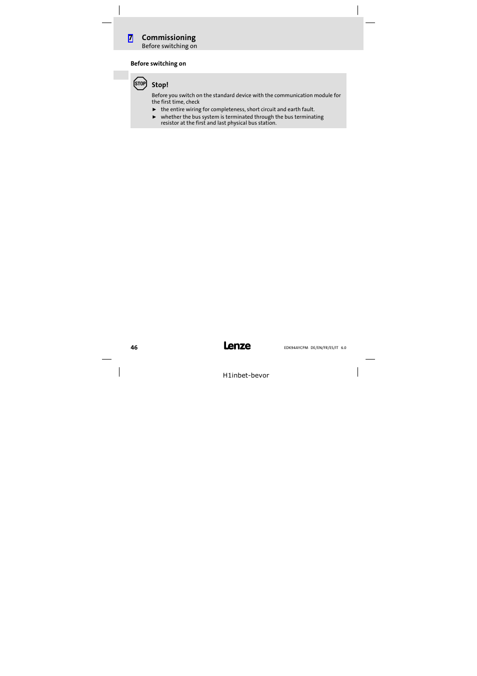 Before switching on | Lenze E94AYCPM User Manual | Page 46 / 114