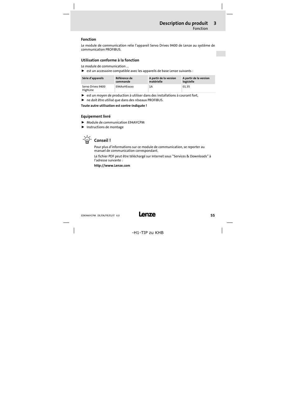 3 description du produit, Fonction, Utilisation conforme à la fonction | Equipement livré, Description du produit, Fonction 55 | Lenze E94AYCPM User Manual | Page 55 / 114