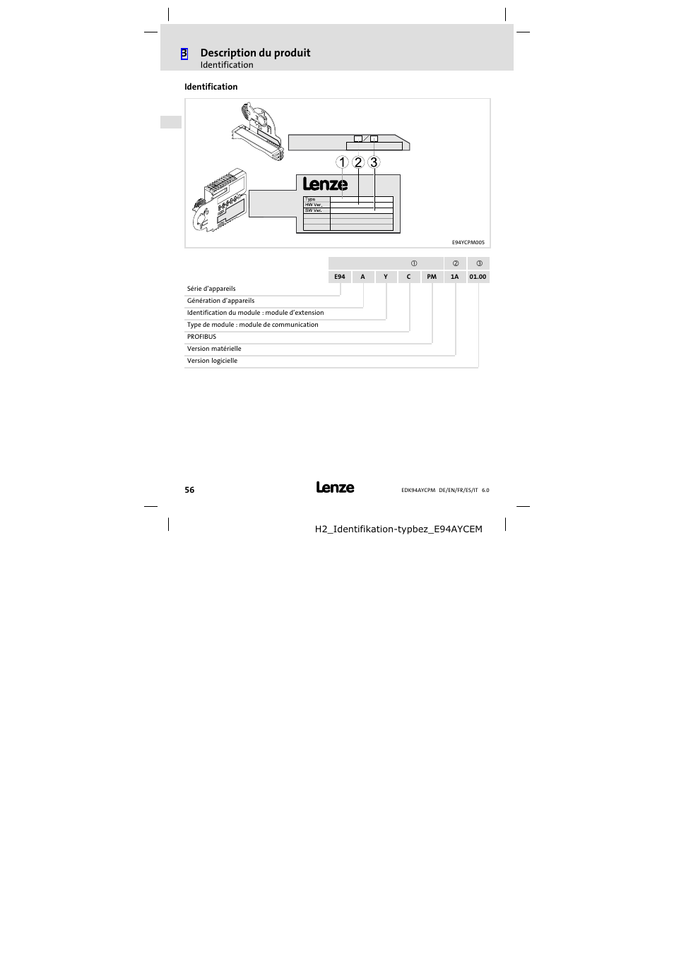 Identification, 3description du produit | Lenze E94AYCPM User Manual | Page 56 / 114