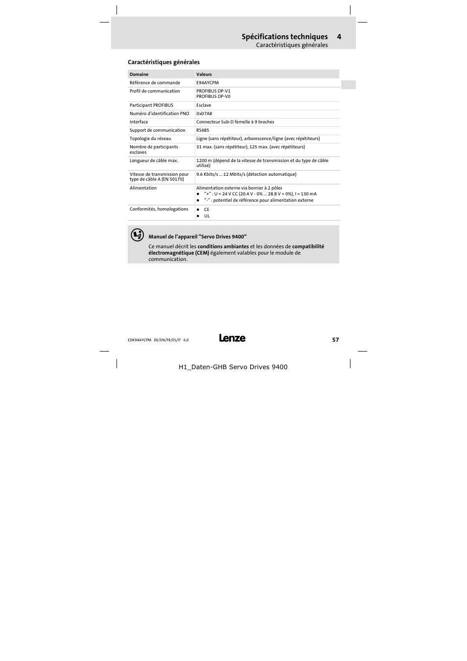 4 spécifications techniques, Caractéristiques générales, Spécifications techniques | Lenze E94AYCPM User Manual | Page 57 / 114