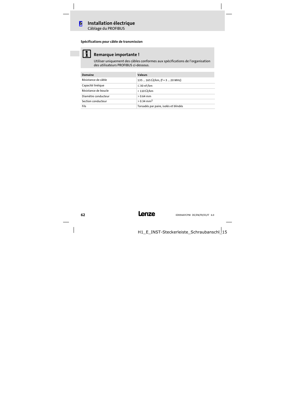 6installation électrique | Lenze E94AYCPM User Manual | Page 62 / 114