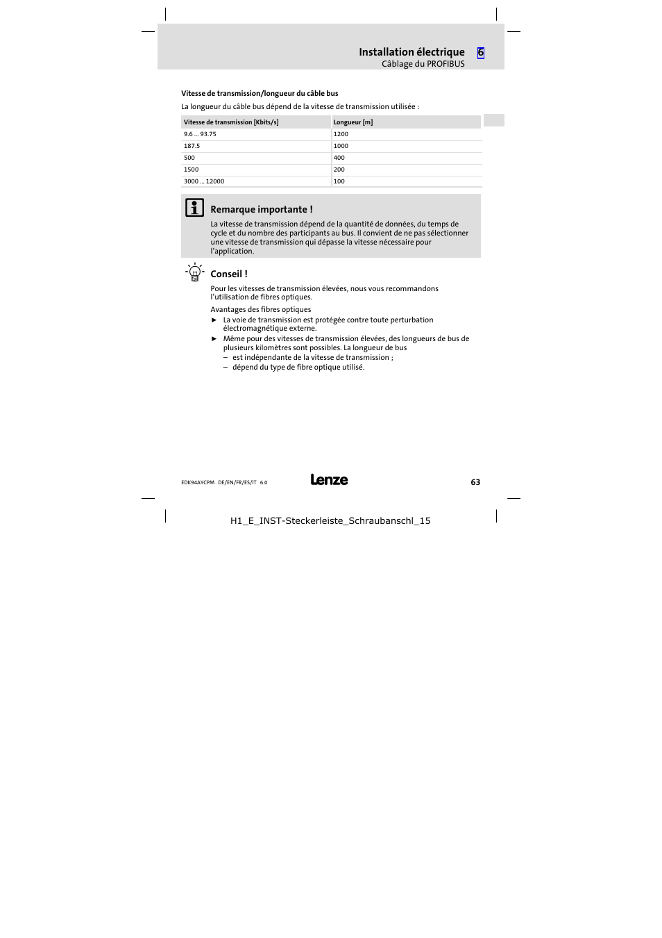 Installation électrique | Lenze E94AYCPM User Manual | Page 63 / 114