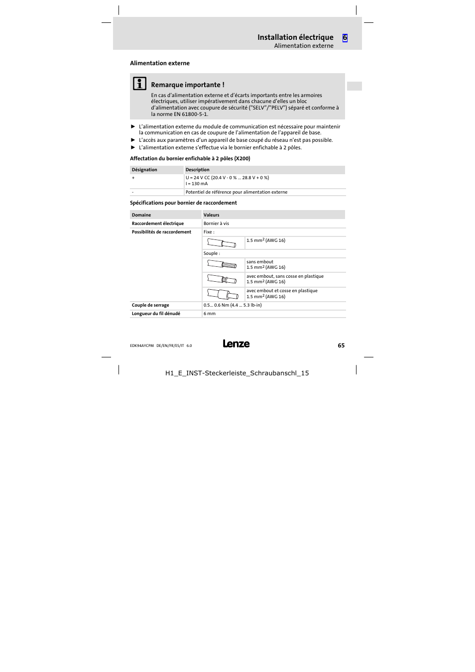 Alimentation externe, Installation électrique, Remarque importante | Lenze E94AYCPM User Manual | Page 65 / 114