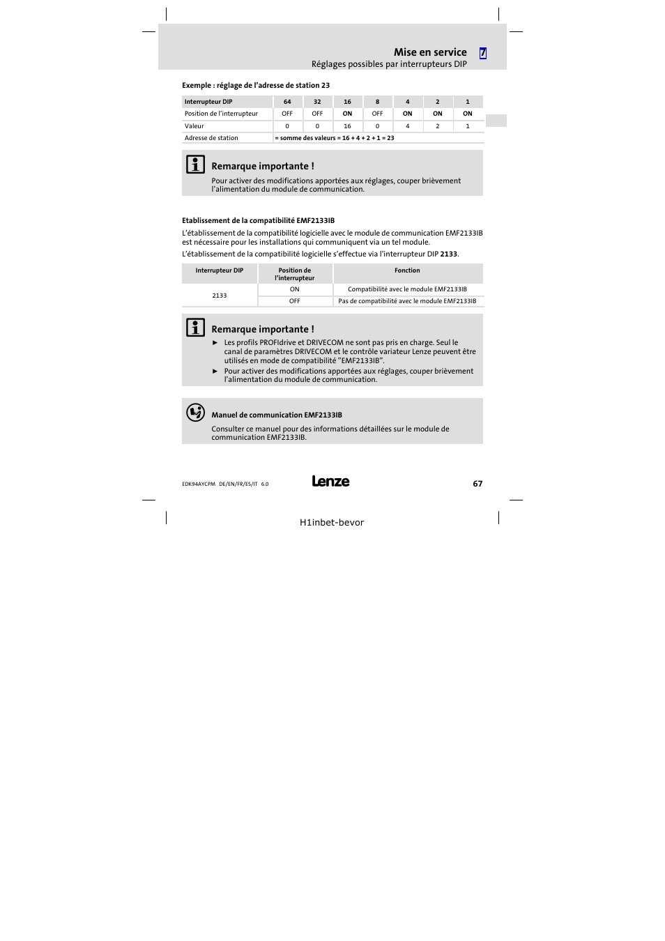 Mise en service | Lenze E94AYCPM User Manual | Page 67 / 114
