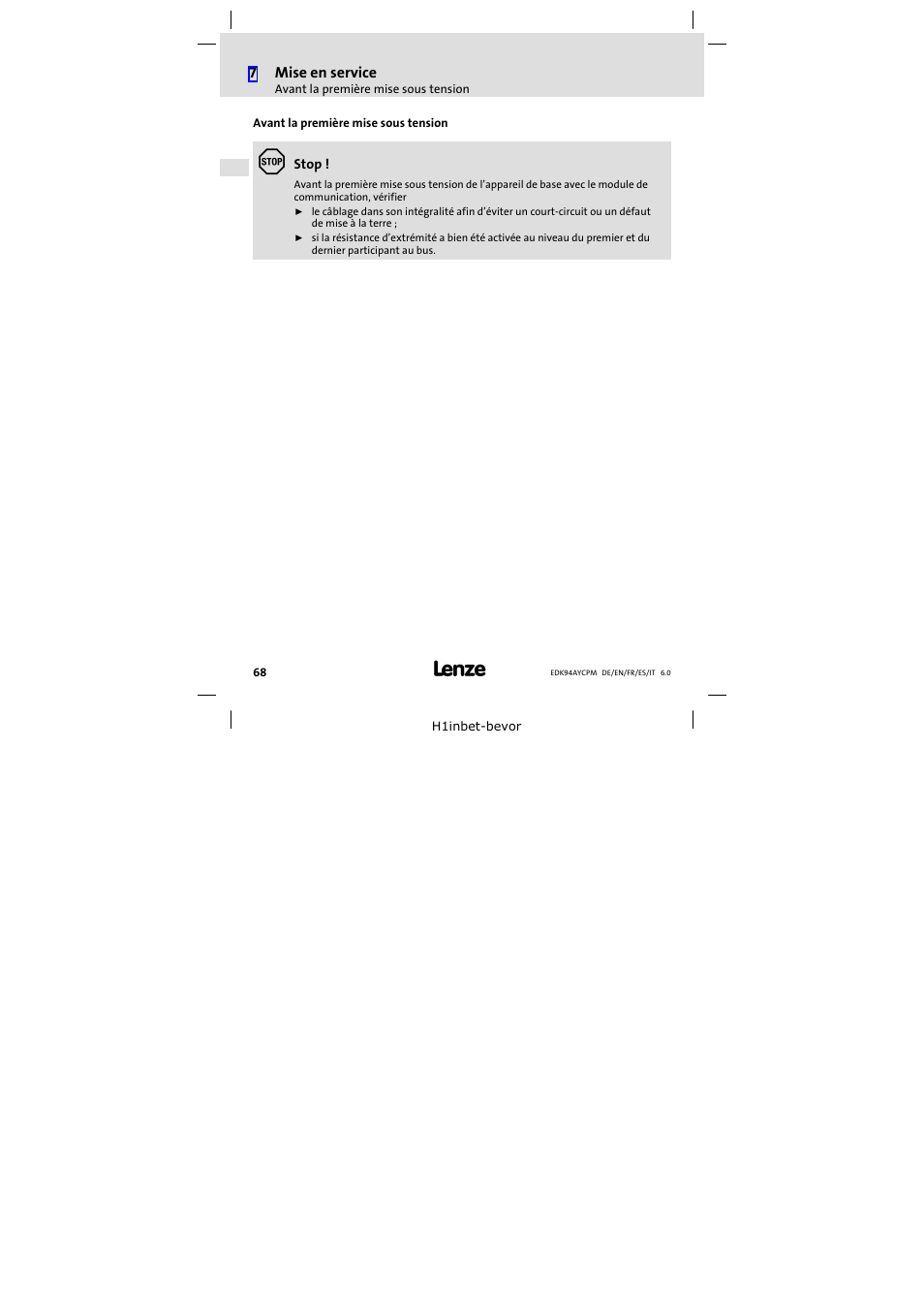 Avant la première mise sous tension | Lenze E94AYCPM User Manual | Page 68 / 114