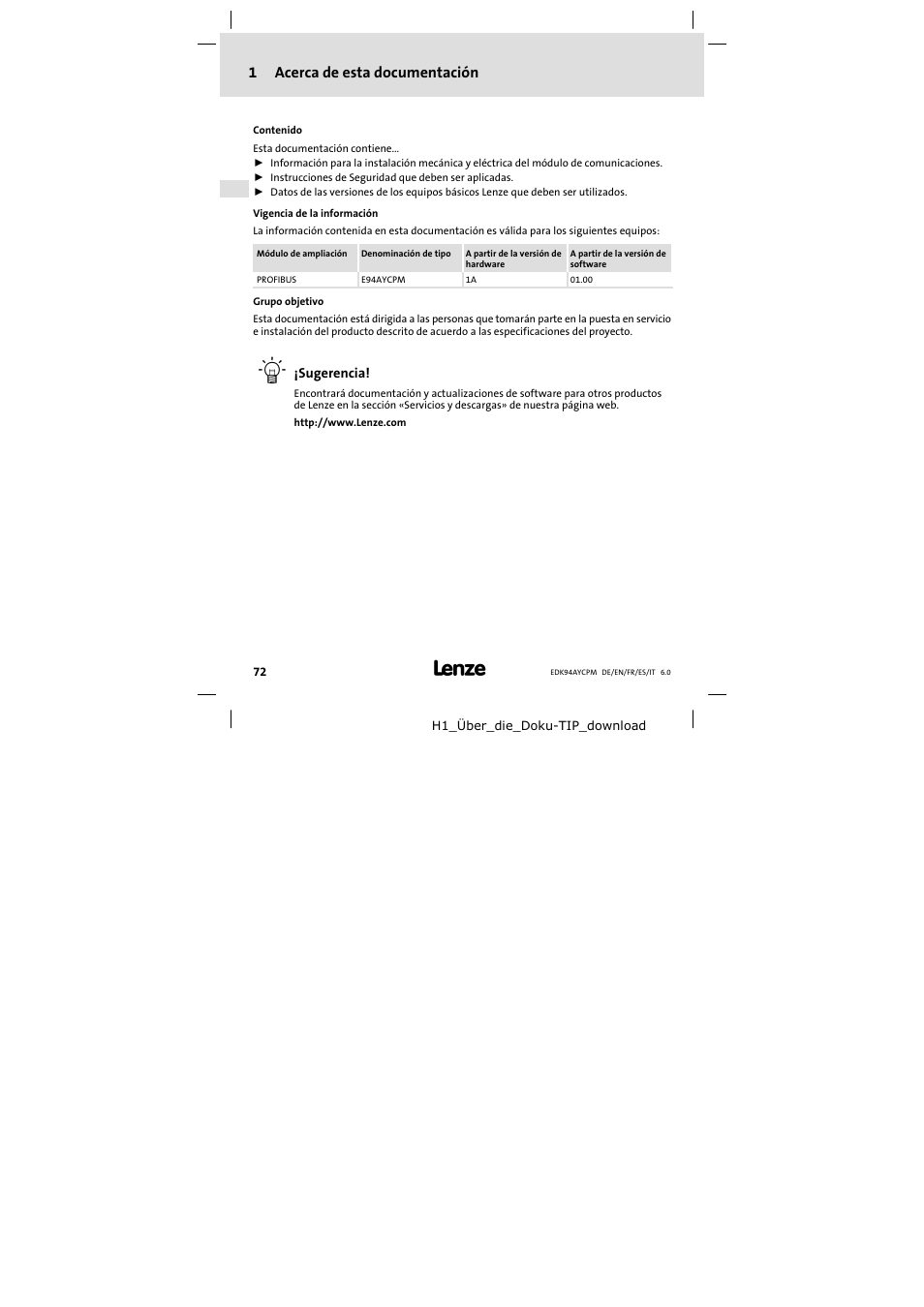 1 acerca de esta documentación, Acerca de esta documentación, 1acerca de esta documentación | Lenze E94AYCPM User Manual | Page 72 / 114