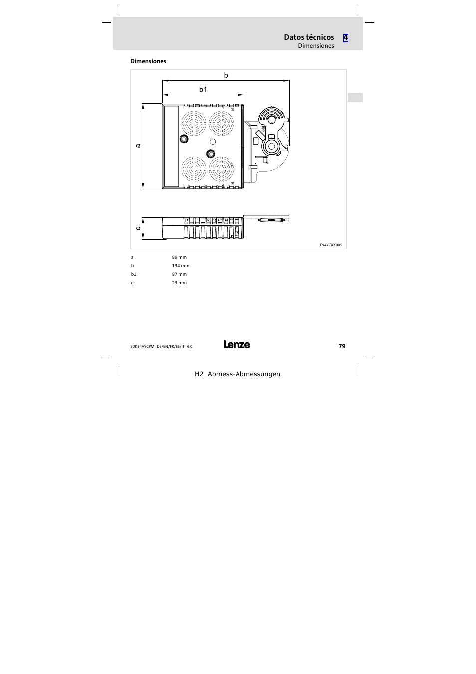 Dimensiones, Datos técnicos | Lenze E94AYCPM User Manual | Page 79 / 114