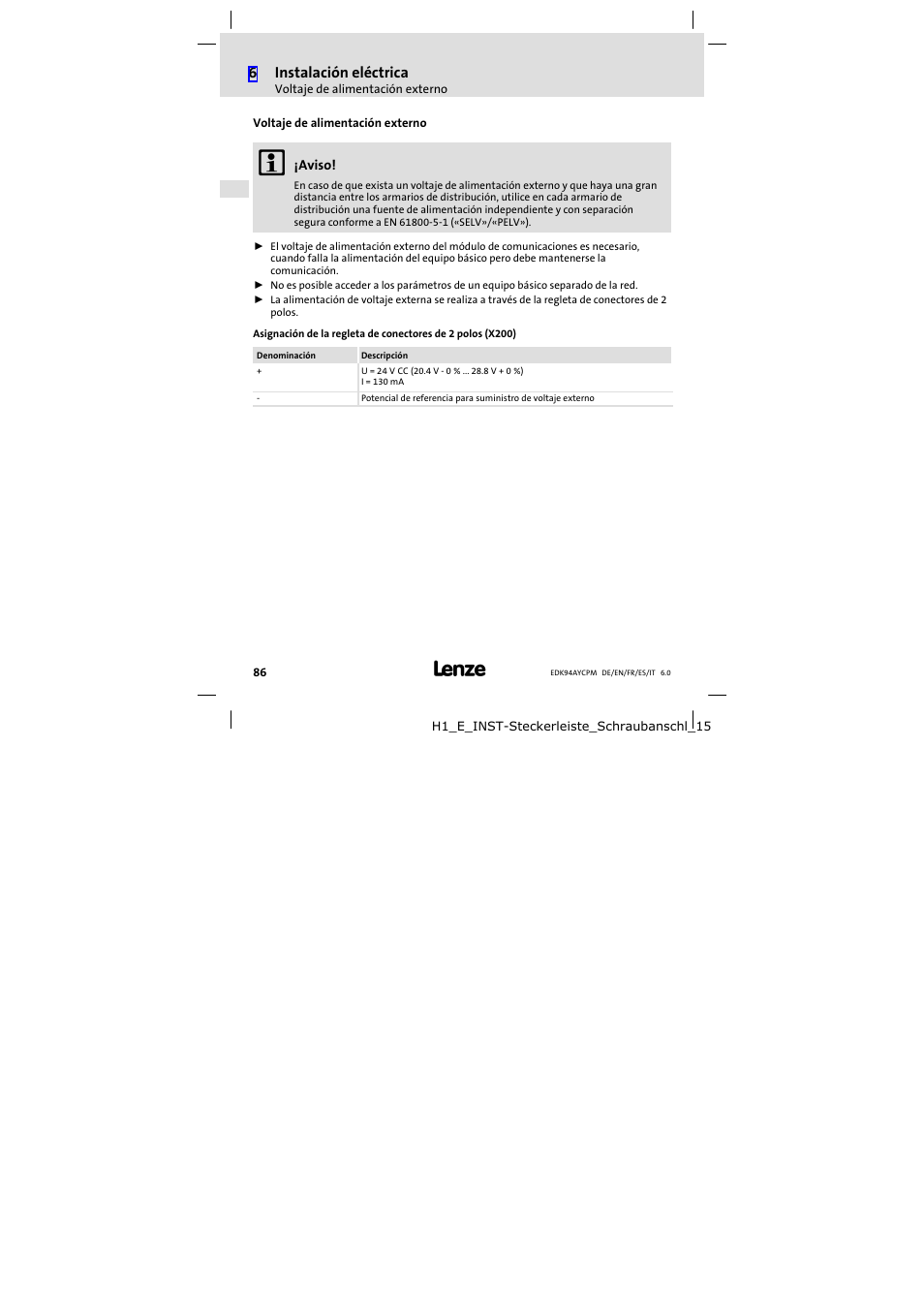 Voltaje de alimentación externo, 6instalación eléctrica | Lenze E94AYCPM User Manual | Page 86 / 114