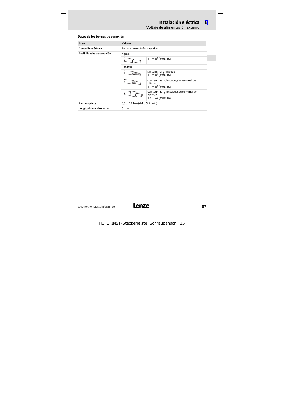 Instalación eléctrica | Lenze E94AYCPM User Manual | Page 87 / 114