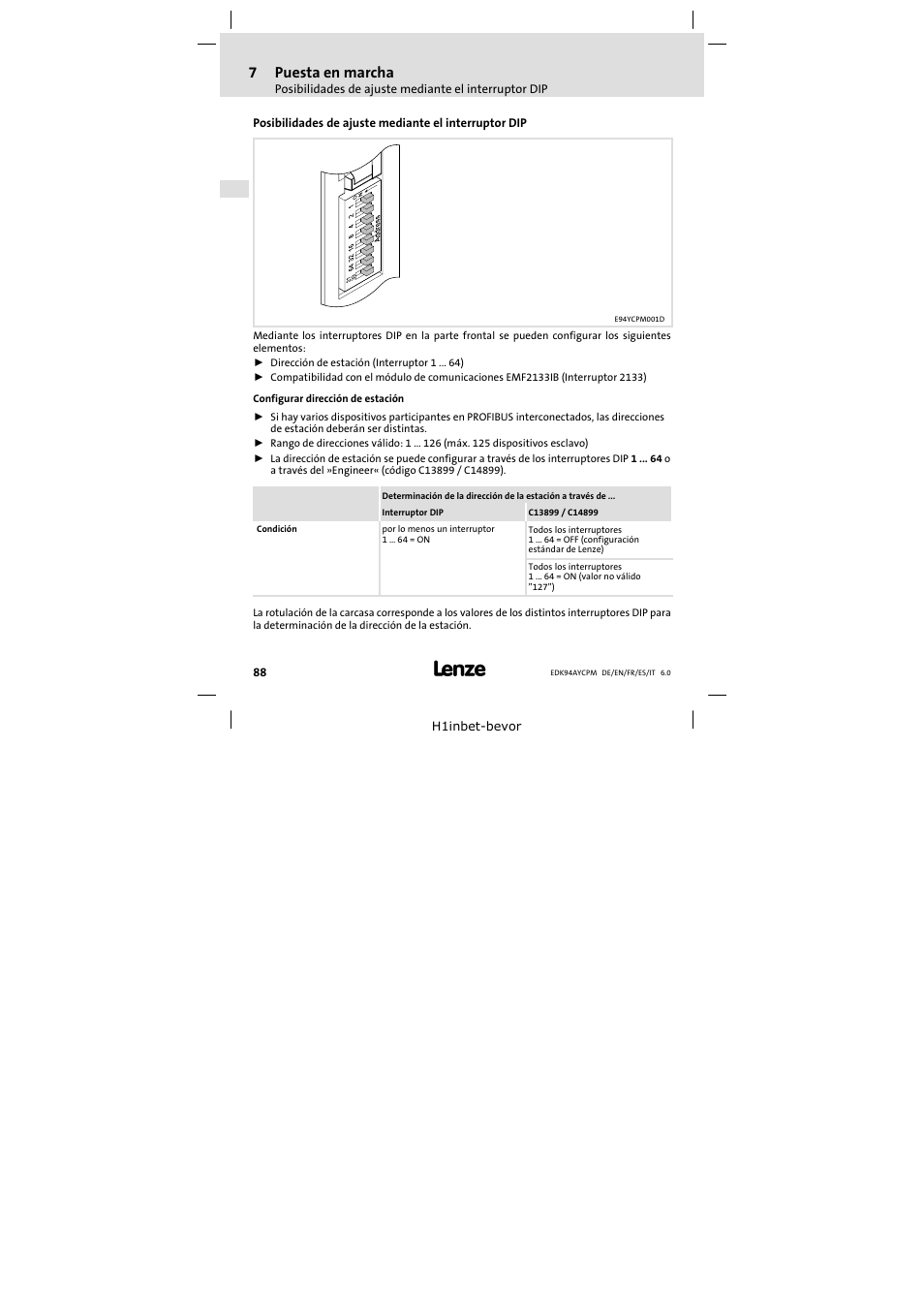 7 puesta en marcha, Puesta en marcha, 7puesta en marcha | Lenze E94AYCPM User Manual | Page 88 / 114