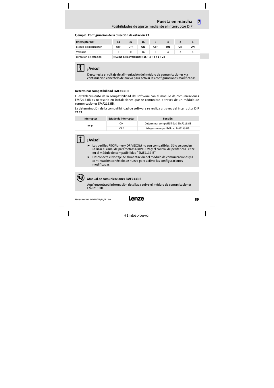 Puesta en marcha | Lenze E94AYCPM User Manual | Page 89 / 114