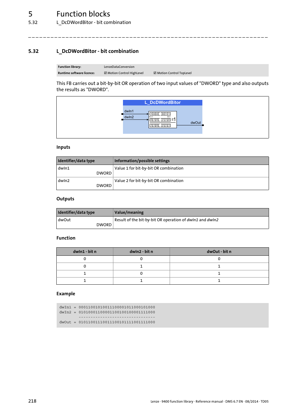 32 l_dcdwordbitor - bit combination, L_dcdwordbitor, 5function blocks | Lenze E94A User Manual | Page 218 / 682
