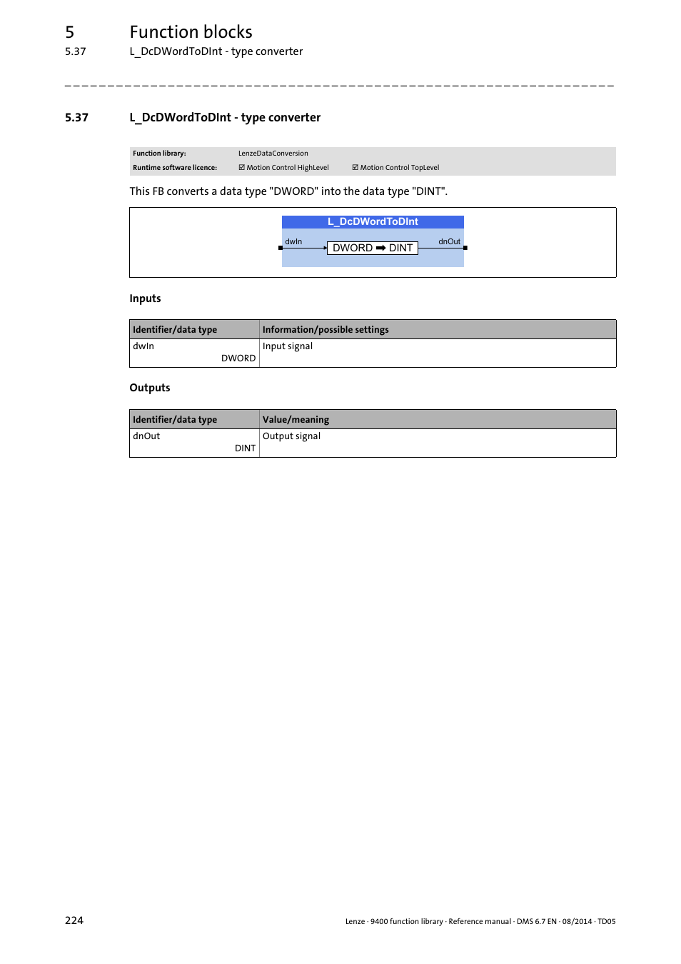 37 l_dcdwordtodint - type converter, L_dcdwordtodint, 5function blocks | Lenze E94A User Manual | Page 224 / 682