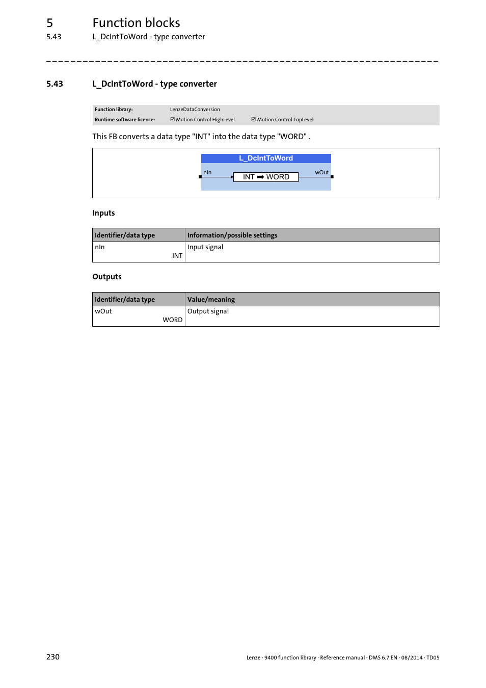 43 l_dcinttoword - type converter, L_dcinttoword, 5function blocks | Lenze E94A User Manual | Page 230 / 682