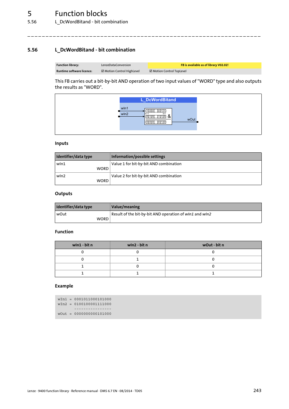 56 l_dcwordbitand - bit combination, L_dcwordbitand, 5function blocks | Lenze E94A User Manual | Page 243 / 682