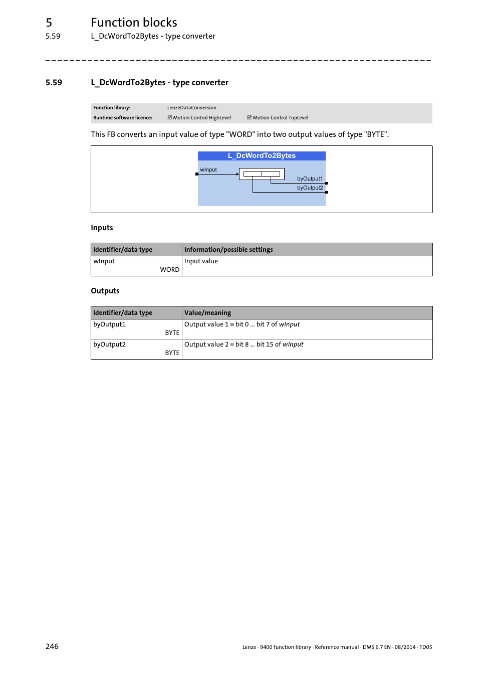 59 l_dcwordto2bytes - type converter, L_dcwordto2bytes, 5function blocks | Lenze E94A User Manual | Page 246 / 682