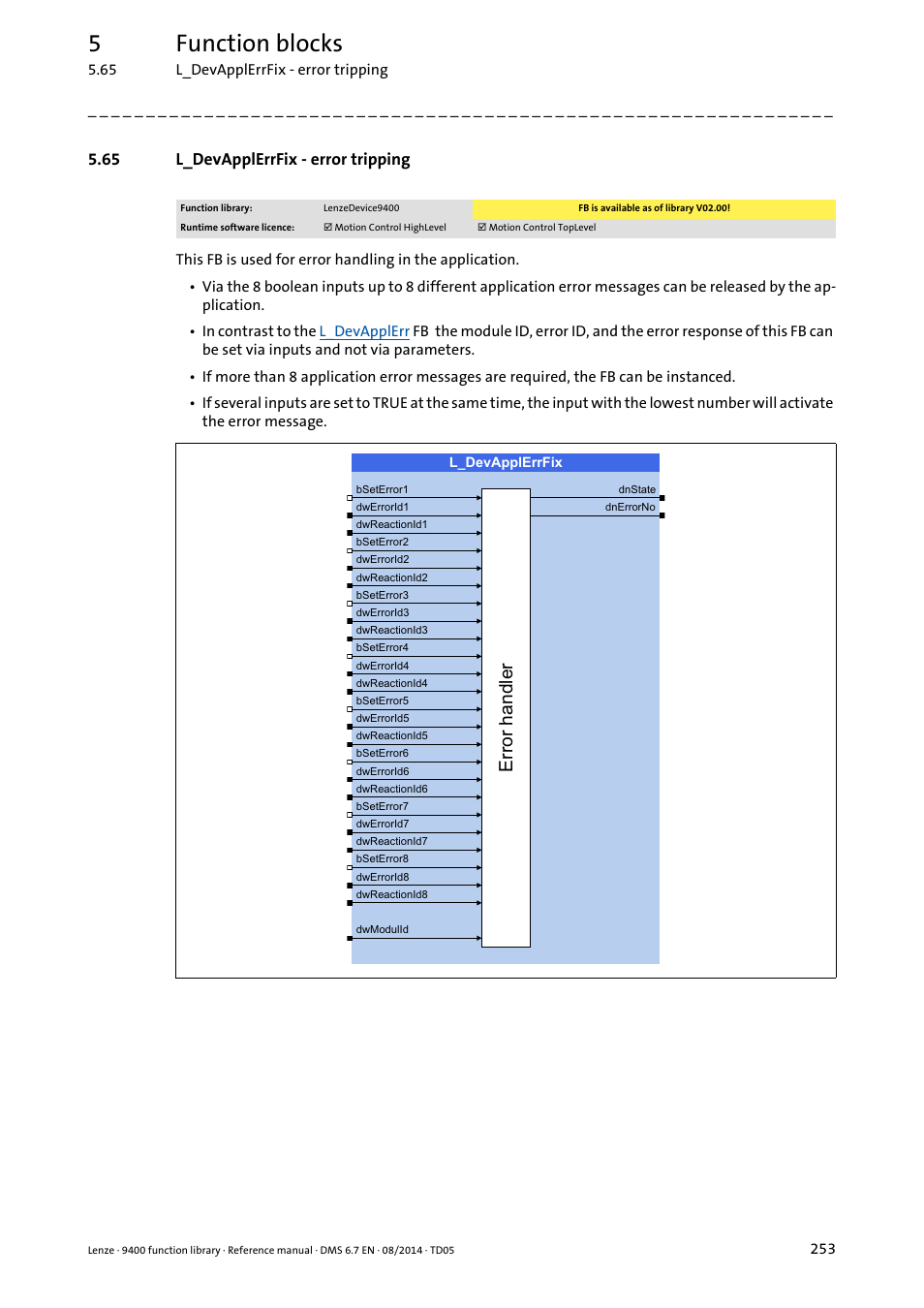 65 l_devapplerrfix - error tripping, L_devapplerrfix, 5function blocks | Uurukdqgohu | Lenze E94A User Manual | Page 253 / 682