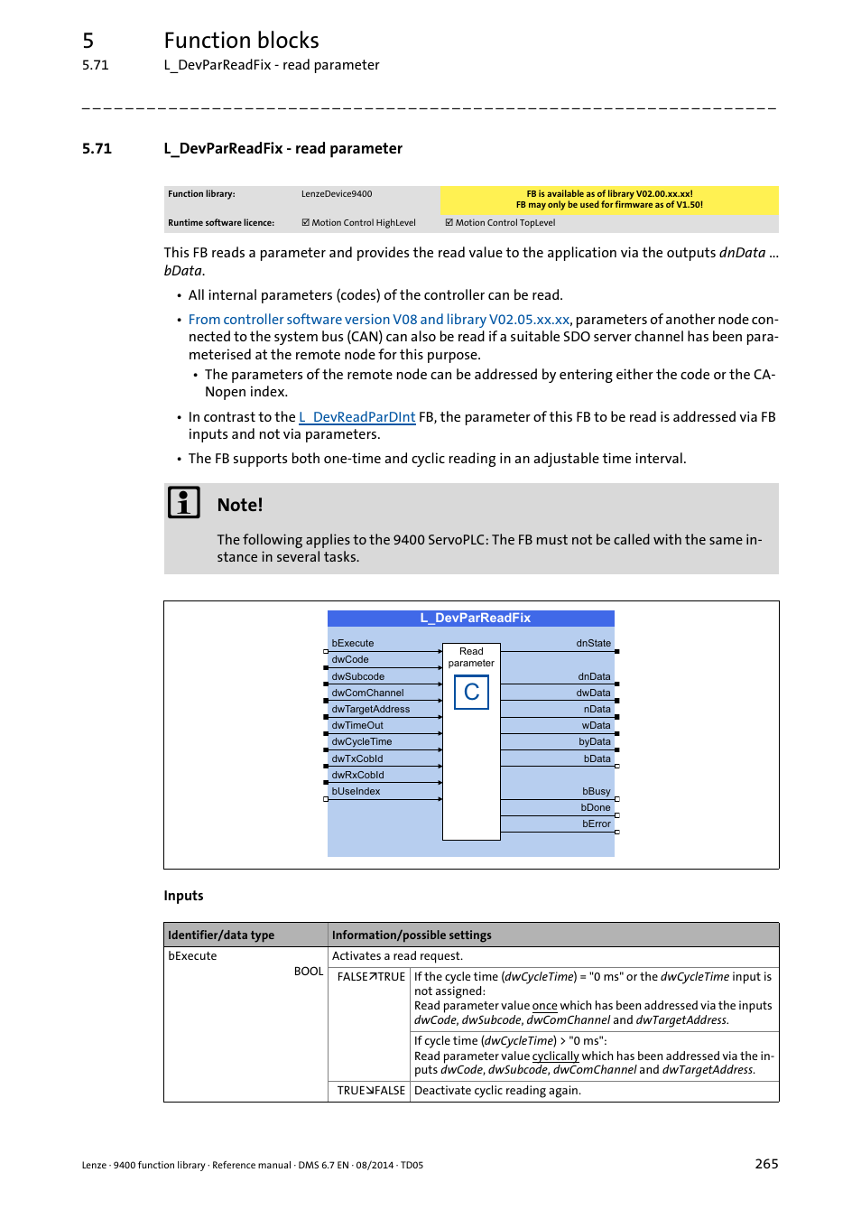 71 l_devparreadfix - read parameter, L_devparreadfix, 5function blocks | Lenze E94A User Manual | Page 265 / 682