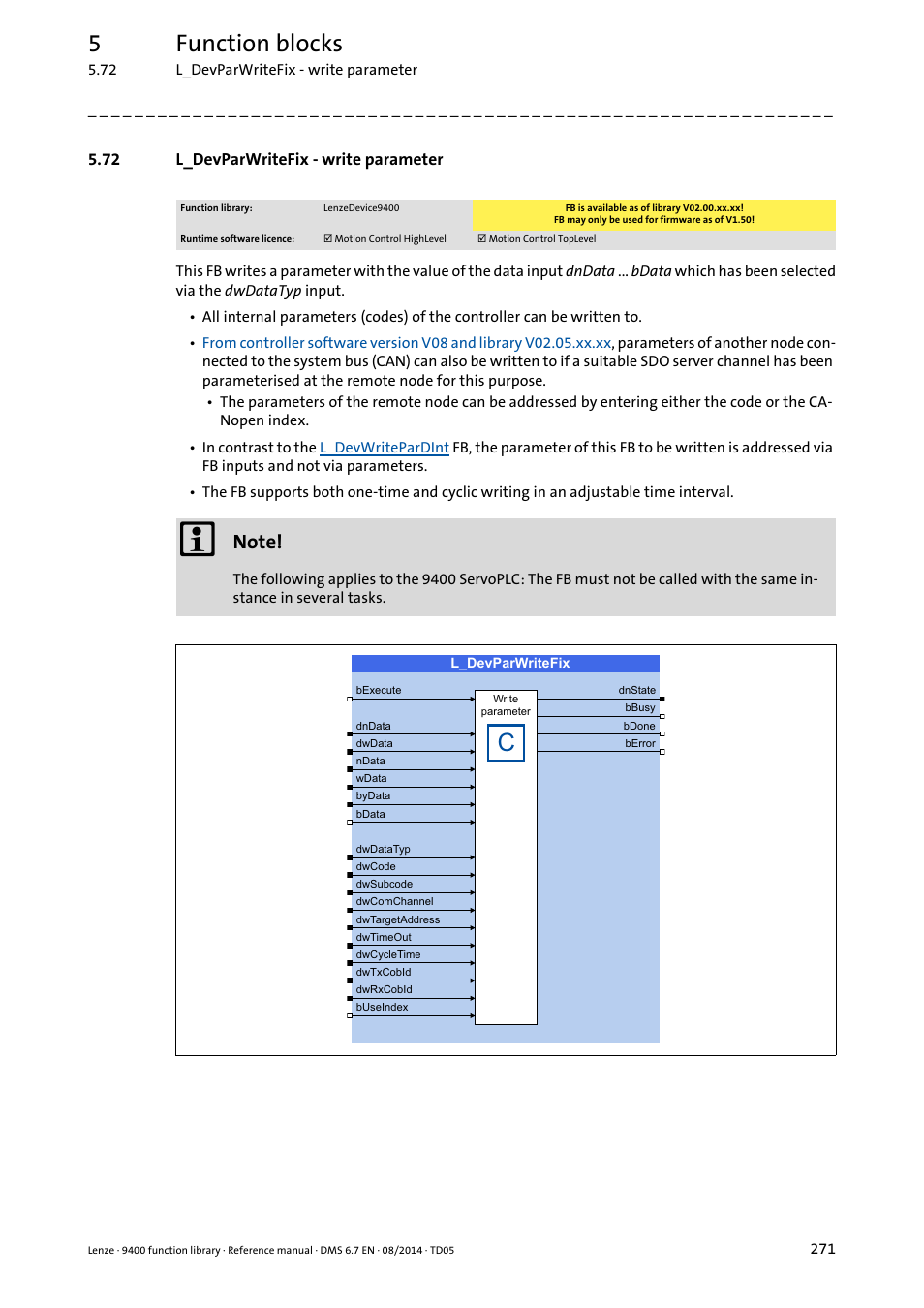 72 l_devparwritefix - write parameter, L_devparwritefix, With the fb | 5function blocks | Lenze E94A User Manual | Page 271 / 682