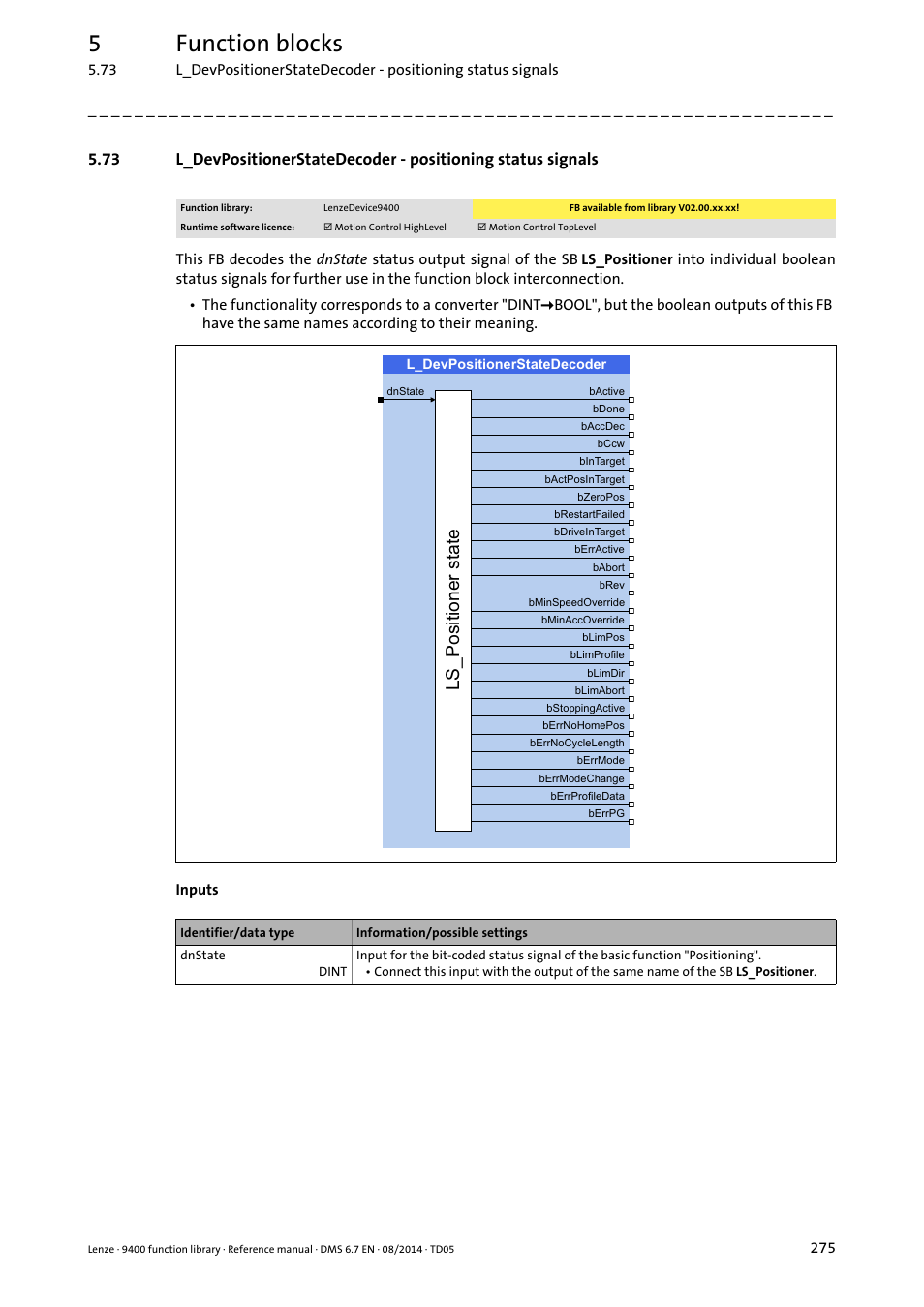 L_devpositionerstatedecoder, Replaces, 5function blocks | 6b3rvlwlrqhuvwdwh | Lenze E94A User Manual | Page 275 / 682