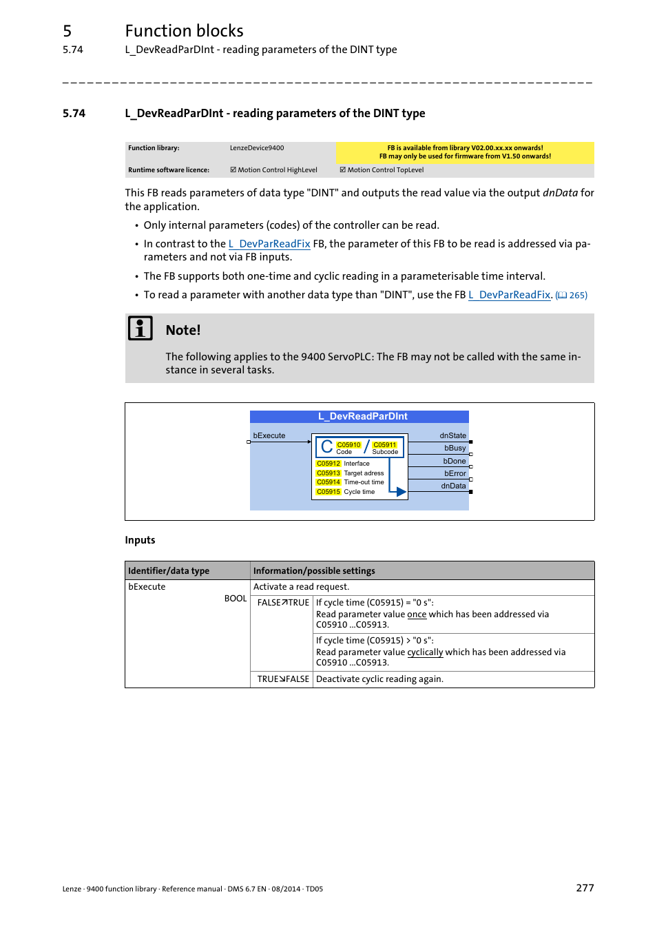 L_devreadpardint, 5function blocks | Lenze E94A User Manual | Page 277 / 682