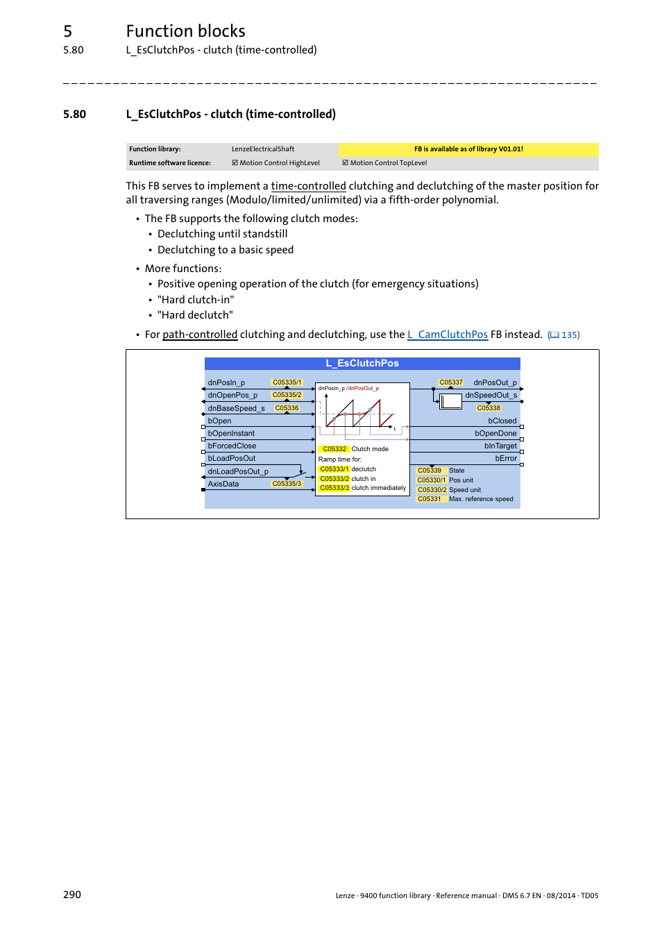 80 l_esclutchpos - clutch (time-controlled), L_esclutchpos, 5function blocks | Lenze E94A User Manual | Page 290 / 682