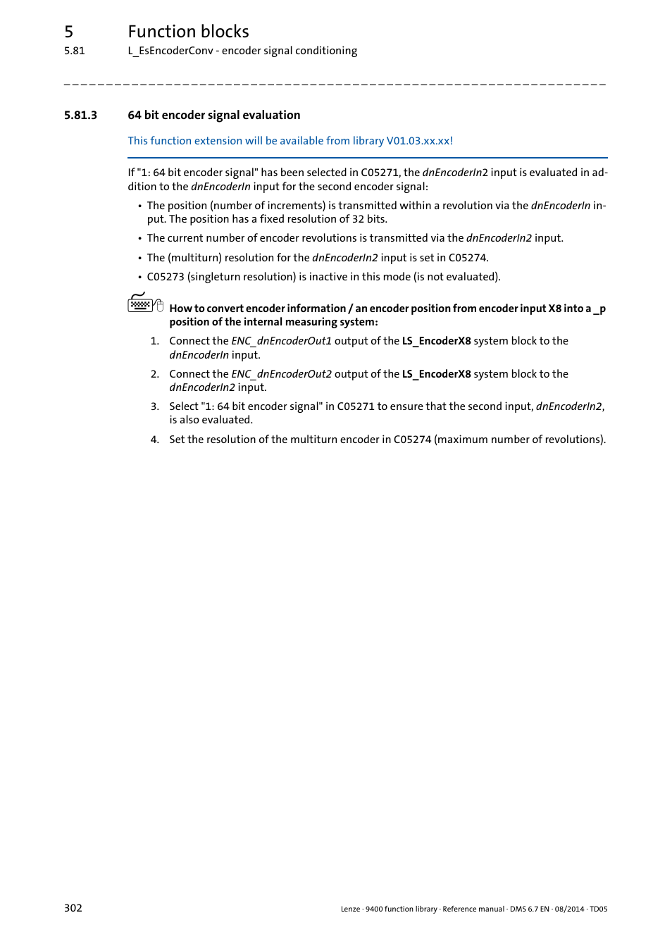 3 64 bit encoder signal evaluation, 64 bit encoder signal evaluation, Also see | 5function blocks | Lenze E94A User Manual | Page 302 / 682