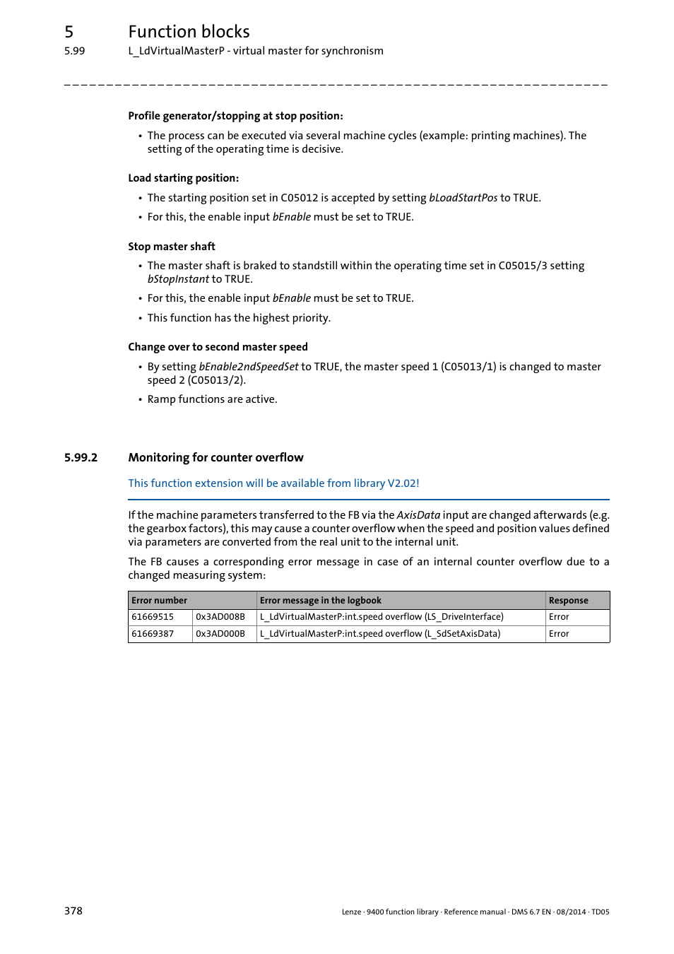 2 monitoring for counter overflow, 5function blocks | Lenze E94A User Manual | Page 378 / 682