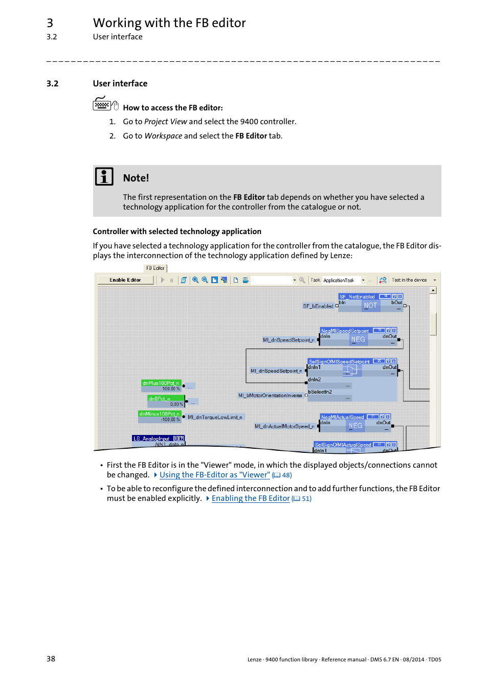 2 user interface, User interface, 3working with the fb editor | Lenze E94A User Manual | Page 38 / 682