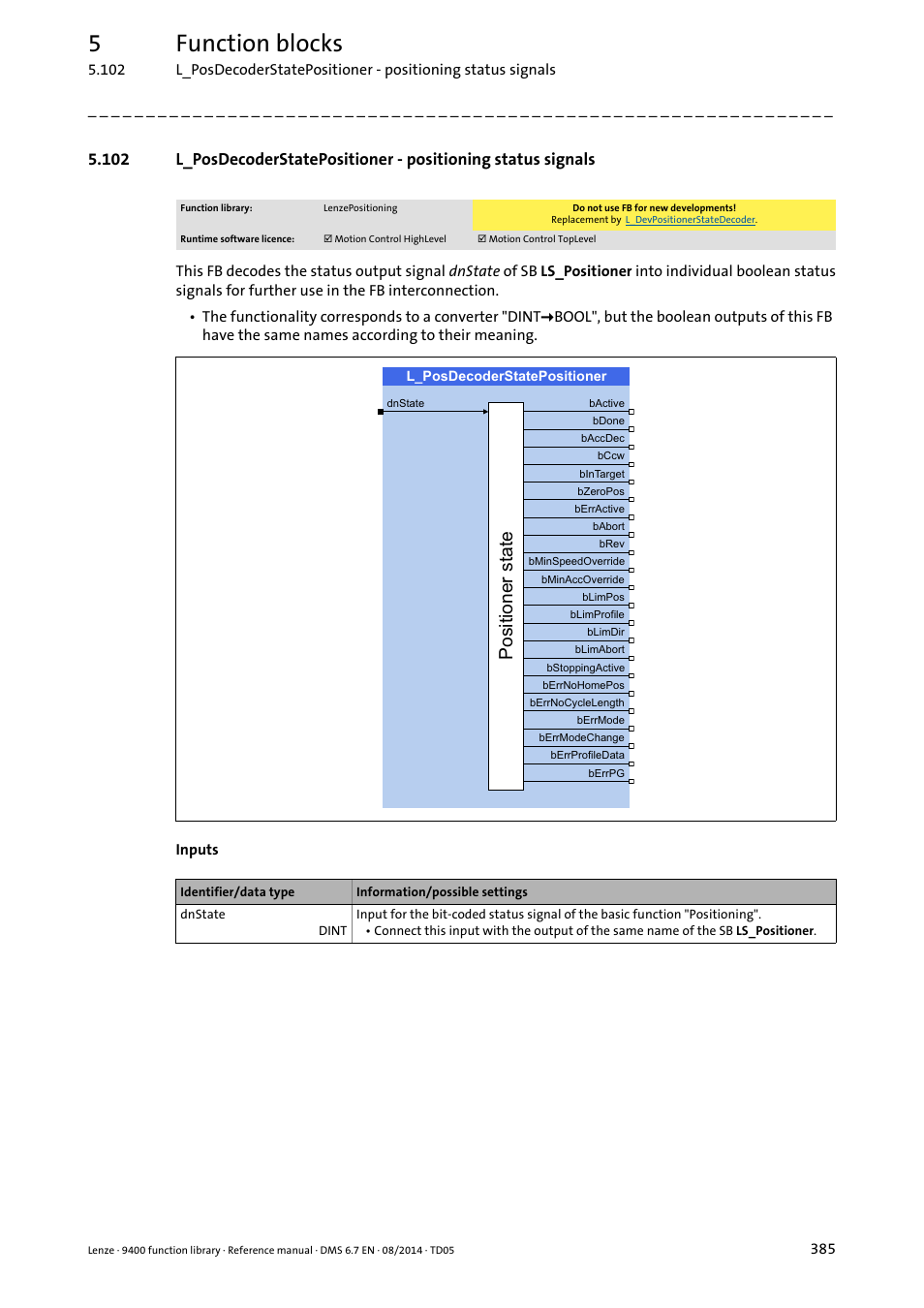 L_posdecoderstatepositioner, 5function blocks, 3rvlwlrqhuvwdwh | Lenze E94A User Manual | Page 385 / 682