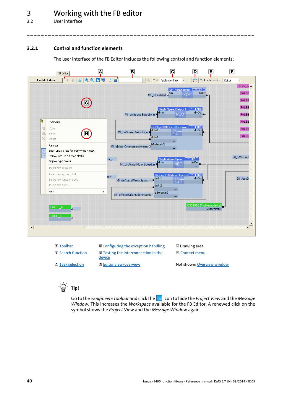 1 control and function elements, Control and function elements, 3working with the fb editor | Lenze E94A User Manual | Page 40 / 682