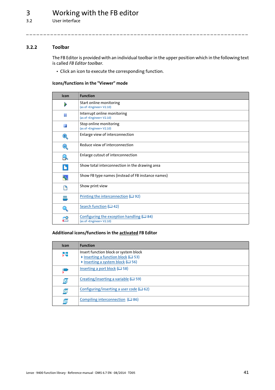 2 toolbar, Toolbar, 3working with the fb editor | Lenze E94A User Manual | Page 41 / 682